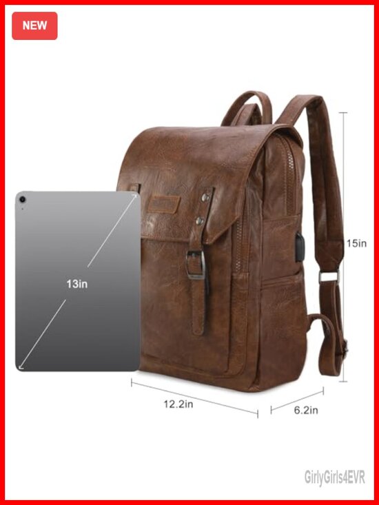Vegan Leather Laptop Backpack with USB Charging Port, Vintage Travel Work main image 4
